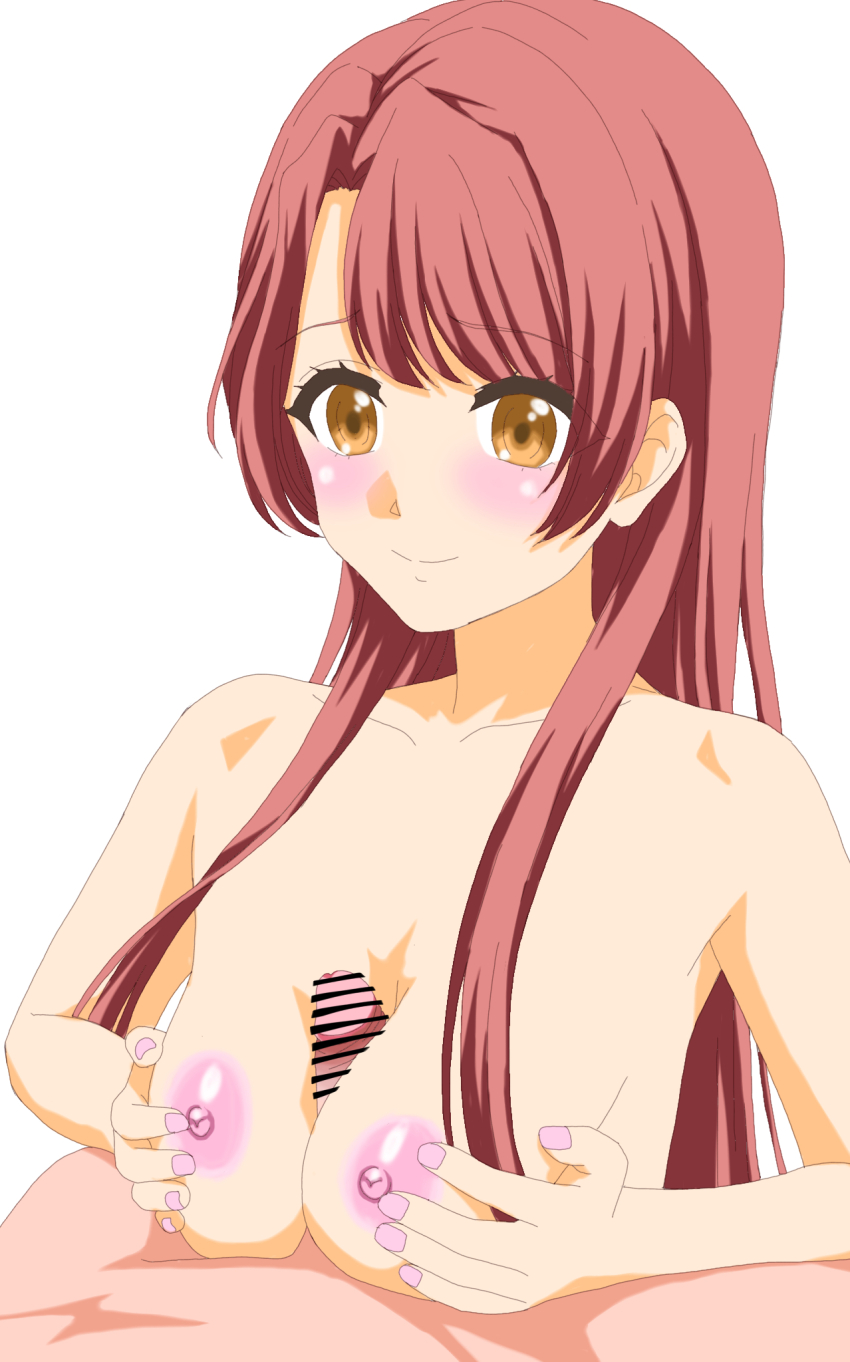 1boy 1girl ali_sun_mark bar_censor bare_shoulders breasts breasts_squeezed_together brown_eyes censored cleavage closed_mouth collarbone completely_nude d4dj hetero highres kasuga_haruna long_hair medium_breasts nail_polish nipples nude paizuri penis pov red_hair simple_background smile solo_focus white_background