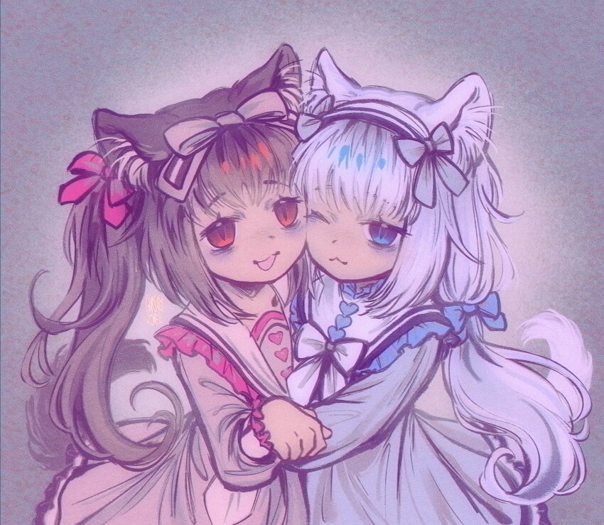 2girls :3 animal_ears blue_eyes bow brown_hair cat_ears cat_girl cat_tail child chocola_(nekopara) gh0sttnacht highres long_hair looking_at_viewer multiple_girls nekopara open_mouth ribbon slit_pupils smile tail twintails vanilla_(nekopara) very_long_hair white_hair