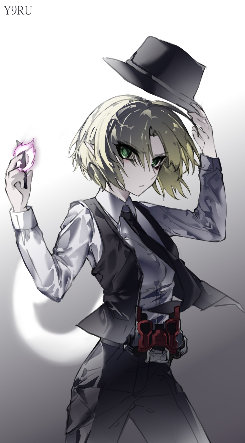 1girl absurdres black_hat black_necktie black_pants black_vest blonde_hair closed_mouth collared_shirt cookie_(touhou) cosplay cowboy_shot double_driver eyes_visible_through_hair fedora gaia_memory gradient_background green_eyes grey_background hair_between_eyes hat hidari_shoutarou hidari_shoutarou_(cosplay) highres holding holding_unworn_clothes holding_unworn_hat joker_(cookie) kamen_rider kamen_rider_w long_bangs long_sleeves looking_at_viewer mizuhashi_parsee name_connection necktie open_clothes open_vest pants parted_bangs pointy_ears serious shirt short_hair solo touhou unworn_hat unworn_headwear vest white_shirt yexinhan