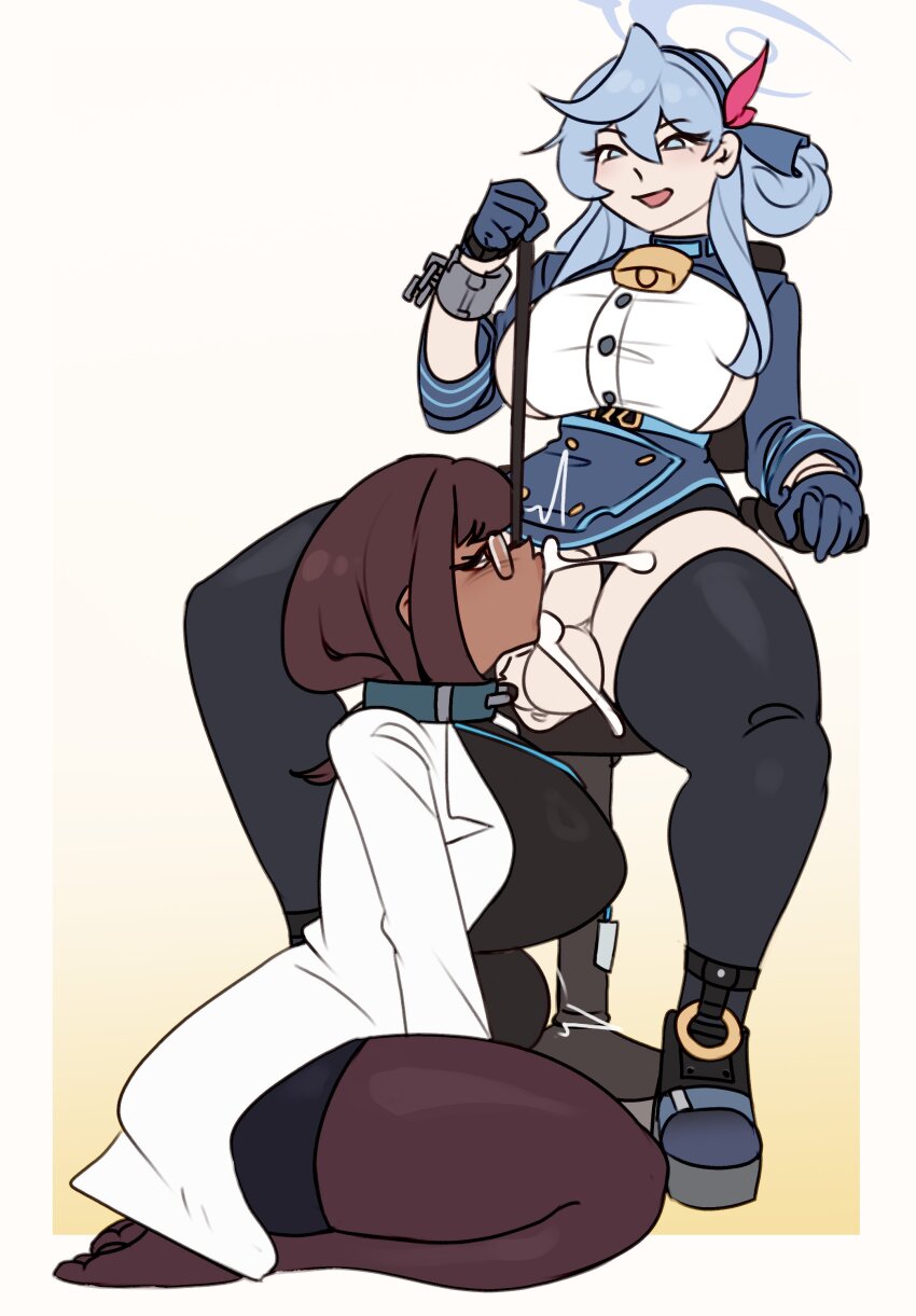 1futa 1girl absurdres ako_(blue_archive) blue_archive blue_eyes blue_hair breasts brown_hair character_request collar commission cum dark-skinned_female dark_skin fellatio full_body futa_with_female futanari glasses gloves hair_between_eyes highres holding holding_leash large_breasts large_penis large_testicles leash long_sleeves open_mouth oral pantyhose penis seiza sideboob sitting sunk118 testicles thick_thighs thighhighs thighs white_background