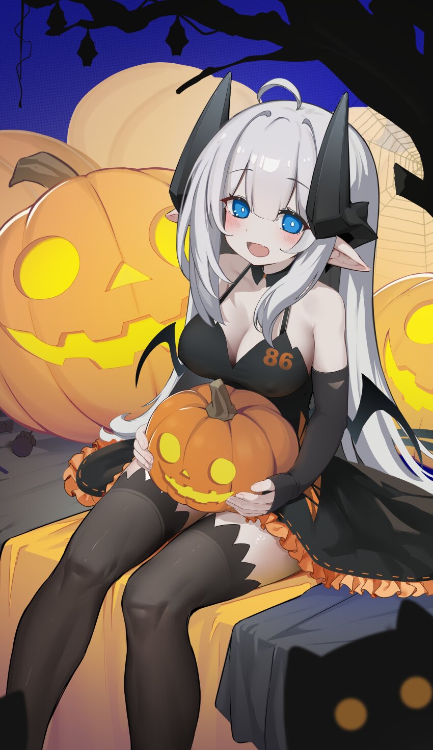 1girl absurdres ahoge bare_shoulders black_skirt blue_eyes breasts bright_pupils cleavage demon_horns demon_wings halloween highres horns huizhiyin long_hair number_print original pointy_ears pumpkin skirt solo thighhighs very_long_hair wings