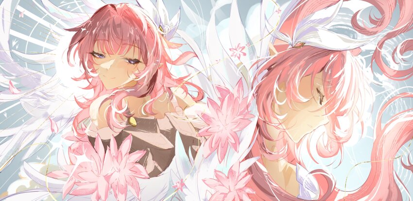 2girls blue_background blue_eyes closed_eyes commentary company_connection cyrene_(honkai:_star_rail) elysia_(herrscher_of_human:_ego)_(honkai_impact) elysia_(honkai_impact) english_commentary flower from_side hair_ornament highres honkai:_star_rail honkai_(series) honkai_impact_3rd inoue_marina long_hair medium_hair multiple_girls oversaltedcat pink_flower pink_hair trait_connection upper_body very_long_hair voice_actor_connection yanning