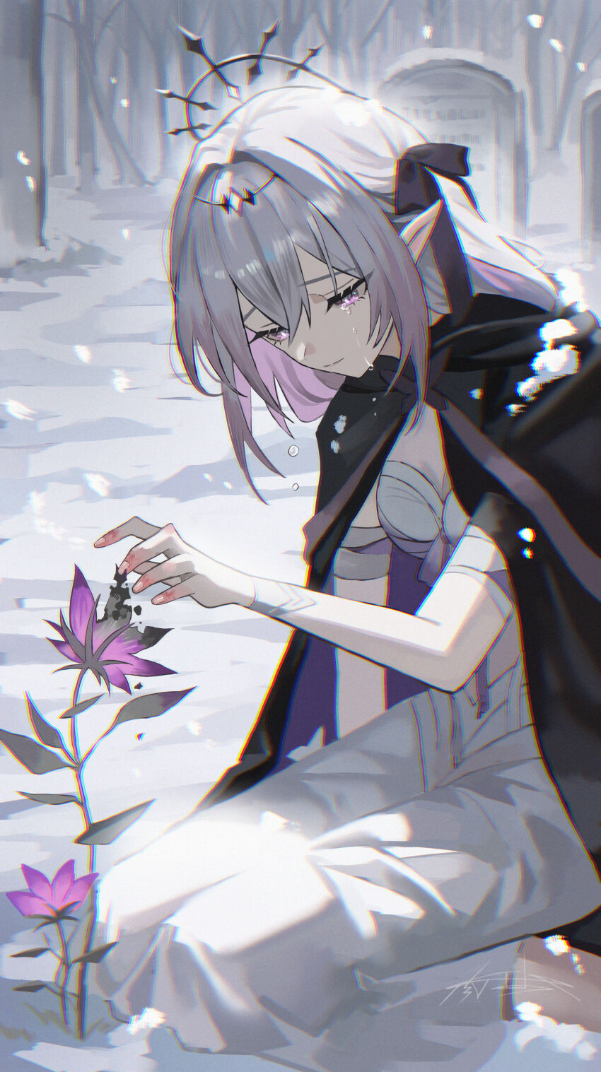 1girl absurdres black_cloak black_tiara breasts bright_pupils castorice_(honkai:_star_rail) cleavage cloak closed_mouth crying crying_with_eyes_open dress flower grave grey_hair highres honkai:_star_rail honkai_(series) long_hair maria_(maria_rose) multicolored_hair outdoors pointy_ears purple_eyes purple_flower purple_hair signature snowing solo streaming_tears tears tiara white_dress white_pupils