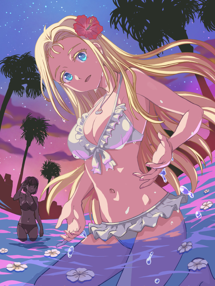 2girls absurdres bikini black_bikini blonde_hair blue_eyes breasts commentary_request dusk flower frilled_bikini frills front-tie_bikini_top front-tie_top hair_flower hair_ornament highres kofune_mio kofune_ushio large_breasts long_hair multiple_girls navel night night_sky oota_satoshi_(miux) palm_tree sky smile summertime_render swimsuit tree water