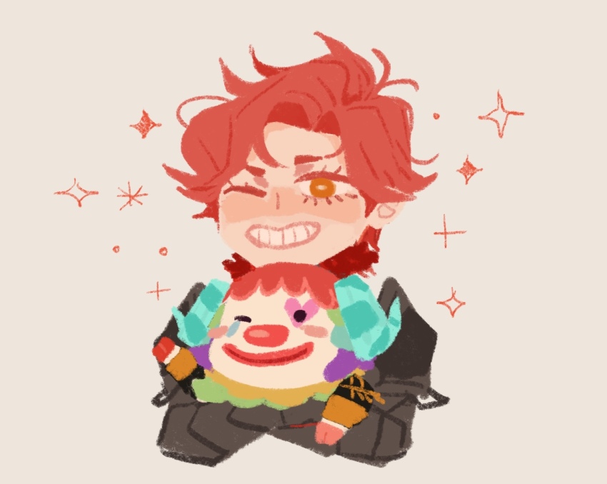 2boys animal_crossing armor armored_gloves carrying clown commentary cropped_torso crossed_arms crossover english_commentary fire_emblem fire_emblem:_three_houses fur-trimmed_armor fur_trim gloves grin heart horns makeup male_focus multiple_boys nintendo one_eye_closed orange_hair pietro_(animal_crossing) red_fur red_hair red_lips sheep_horns simple_background smile sparkle spearmintaii sylvain_jose_gautier teeth white_background