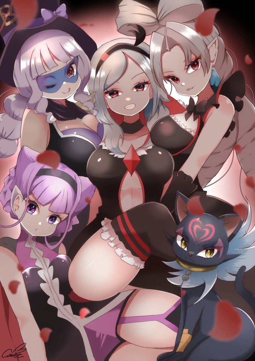 5girls ;) akagi_towa animal artist_name black_cat black_choker black_hairband black_hat black_thighhighs bow bow-shaped_hair breasts carrot_summer cat choker cleavage commentary cone_hair_bun curtained_hair delicious_party_precure domino_mask double_bun eas_(fresh_precure!) english_commentary fresh_precure! garter_straps gentlu_(precure) go!_princess_precure grey_hair grin hair_bun hairband hat hat_bow higashi_setsuna highres hugtto!_precure kasai_amane kurokawa_eren large_breasts mask medium_breasts multiple_girls one_eye_closed petals pointy_ears precure purple_eyes purple_hair red_eyes red_petals ruru_amour seiren_(suite_precure) short_hair smile suite_precure swept_bangs teeth thighhighs tongue tongue_out top_hat twilight_(go!_princess_precure)