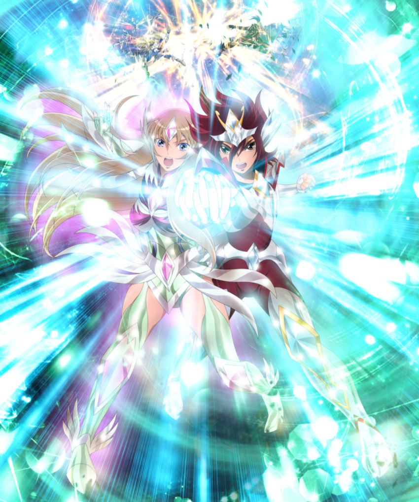 10s 1boy 1girl aquila_yuna armor armored_boots blue_eyes boots brown_eyes brown_hair holding_hands hetero highres interlocked_fingers long_hair looking_at_viewer open_mouth pegasus_koga red_hair saint_seiya saint_seiya_omega spiked_hair yadokari_genpachirou