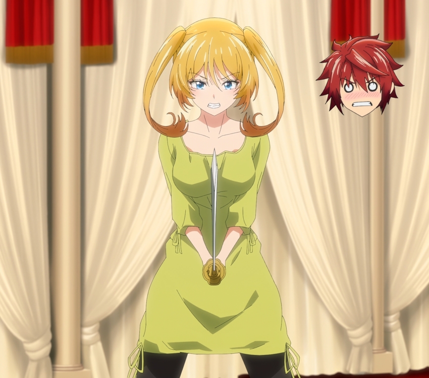 1boy 1girl anime_screenshot blonde_hair blue_eyes breasts highres large_breasts looking_at_viewer mia_christoph stitched sword temple_(series) third-party_edit twintails weapon