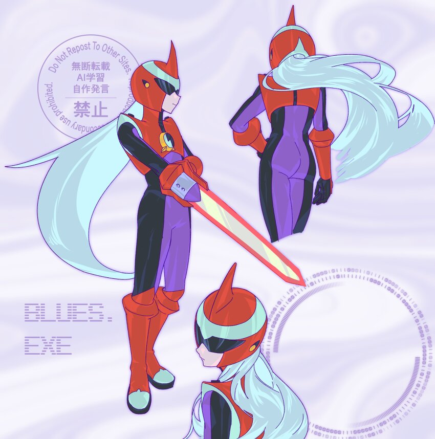 1boy absurdres arm_blade armor ass black_bodysuit bodysuit character_name cowboy_shot energy_sword from_behind full_body grey_hair helmet highres jinsu_exe long_hair male_focus mega_man_(series) mega_man_battle_network_(series) multiple_views protoman.exe red_armor red_helmet sword two-tone_bodysuit watermark weapon