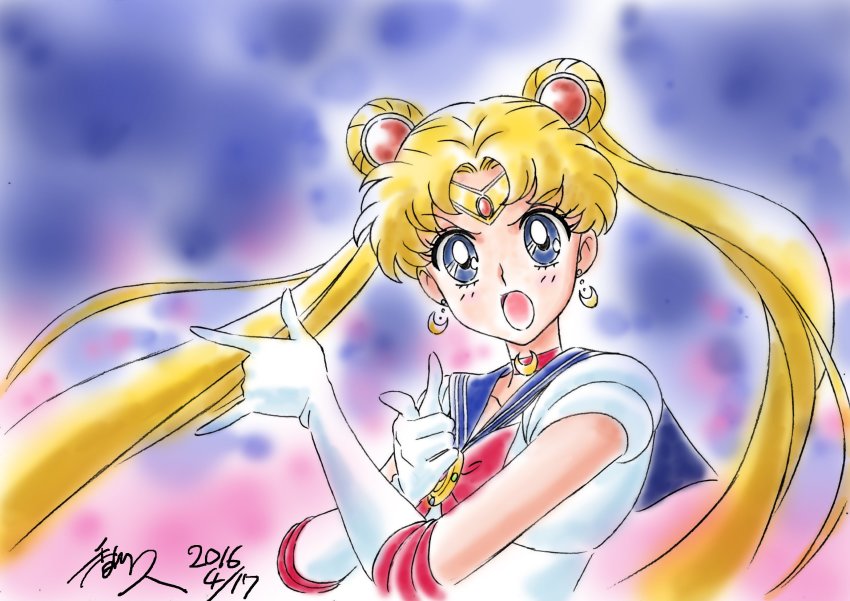 1girl 2016 angry bishoujo_senshi_sailor_moon blonde_hair blue_eyes blush bow choker circlet dated double_bun earrings elbow_gloves female_focus gloves hair_bun highres jewelry kagawa_hisashi long_hair looking_at_viewer magical_girl open_mouth parted_bangs red_bow sailor_moon school_uniform serafuku signature solo tiara tsuki_ni_kawatte_oshioki_yo tsukino_usagi twintails upper_body very_long_hair
