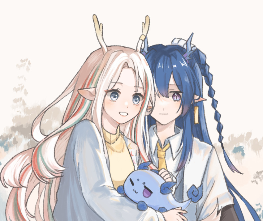 2girls :d a_deer_of_nine_colors animal_ears arknights blue_eyes blue_hair blue_shirt chinese_commentary closed_mouth collared_shirt commentary_request dragon_bubble_(arknights) dragon_girl dragon_horns earrings green_hair grey_background grin horns jewelry ling_(arknights) long_hair long_sleeves multicolored_hair multiple_girls nine-colored_deer open_mouth orange_hair pointy_ears shang_ge_promax shirt smile streaked_hair sweater turtleneck turtleneck_sweater upper_body white_hair white_shirt yellow_sweater