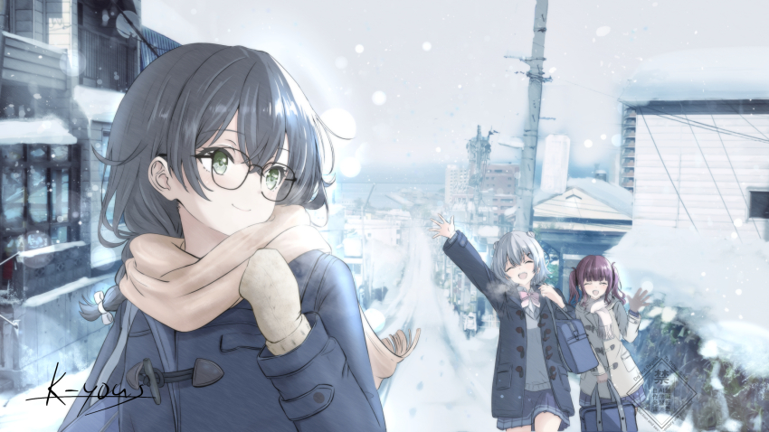 3girls arm_up bag black_coat black_hair blazer blue_bag blue_coat blue_jacket blue_pants blue_skirt blush bow bowtie braid brown_hair brown_scarf building buttons cardigan cevio city closed_eyes closed_mouth coat duffel_coat glasses gloves green_eyes grey_coat grey_hair grey_scarf grey_sky grey_sweater hanakuma_chifuyu hand_up highres jacket k-yous koharu_rikka long_hair long_sleeves looking_at_another looking_back medium_hair mittens multiple_girls natsuki_karin open_clothes open_coat open_mouth otaru_(hokkaido) outdoors overcast pants pink_bow pink_bowtie pleated_skirt power_lines red_hair scarf school_bag school_uniform shirt short_hair shoulder_bag signature skirt sky smile snow snowing sweater sweater_vest synthesizer_v twin_braids twintails utility_pole waving winter winter_clothes winter_uniform yellow_scarf