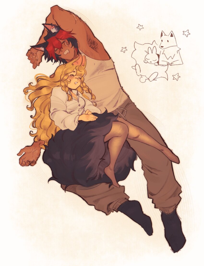 1boy 1girl alice_thymefield animal_ear_fluff animal_ear_piercing animal_ears arm_on_own_head arm_up armpit_hair armpits black_hair black_socks blonde_hair braid braided_sidelocks breasts brown_pants brown_pantyhose cleavage closed_eyes commentary dog dog_boy dog_ears dog_tail english_commentary full_body hetero highres komano_manato long_hair lying medium_breasts multicolored_hair multiple_scars muscular muscular_male no_hair_ornament on_back on_side open_mouth pants pantyhose papertrlck parted_lips rabbit rabbit_ears rabbit_girl red_hair scar scar_across_eye scar_on_arm scar_on_face scar_on_hand shirt short_hair sleeping socks star_(symbol) tail tank_top white_background white_shirt white_tank_top zenless_zone_zero