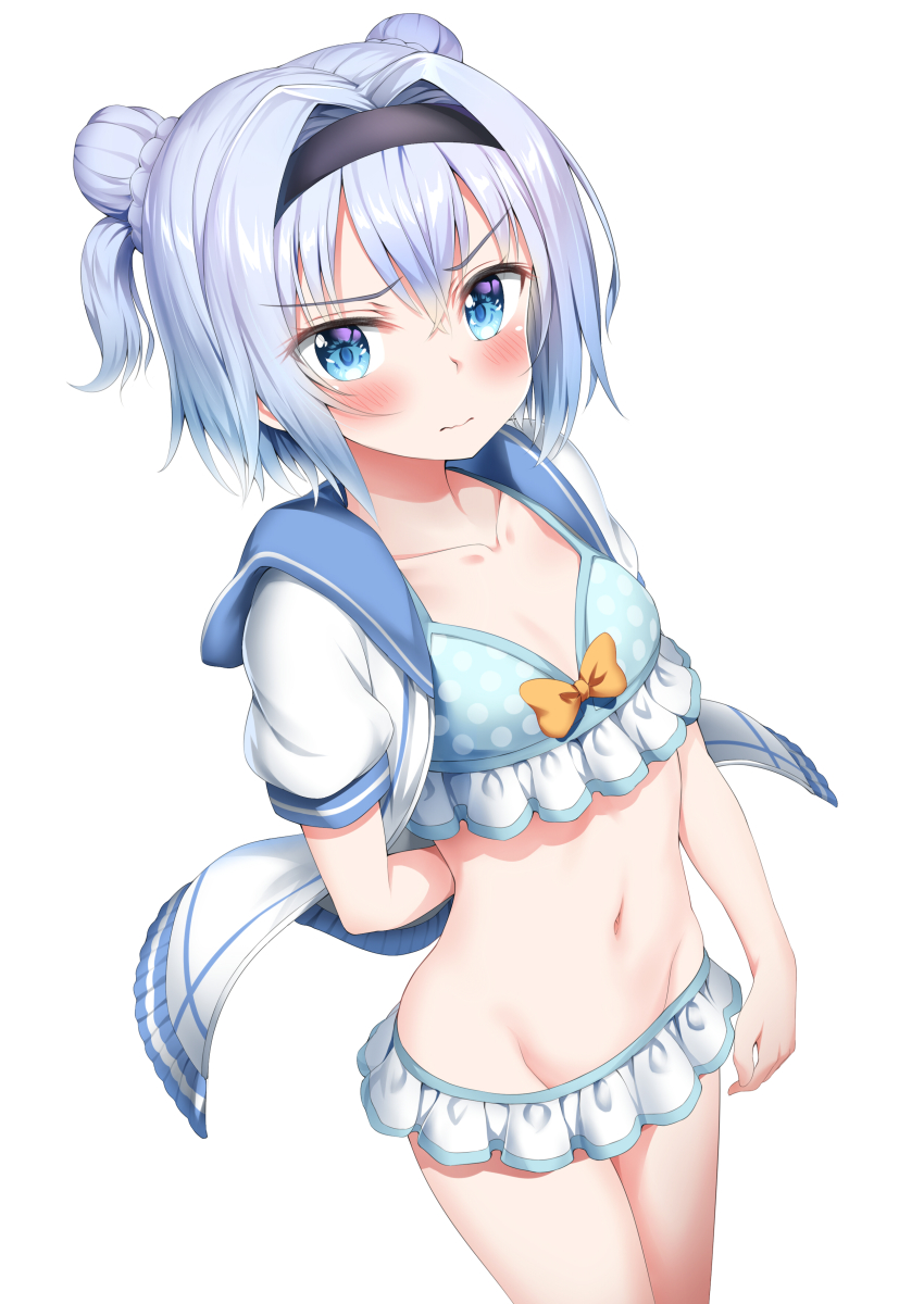 10s 1girl absurdres bikini bikini_skirt black_hairband blue_bikini blue_eyes blue_sailor_collar blush bow braid closed_mouth collarbone commentary_request double_bun female_focus groin hair_between_eyes hair_bun hair_intakes hairband highres looking_at_viewer navel nedia_(nedia_region) one_side_up open_clothes open_shirt orange_bow polka_dot polka_dot_bikini polka_dot_bikini_top puffy_short_sleeves puffy_sleeves ryuuou_no_oshigoto! sailor_collar shirt short_sleeves side_bun silver_hair simple_background solo sora_ginko swimsuit v-shaped_eyebrows wavy_mouth white_background white_shirt