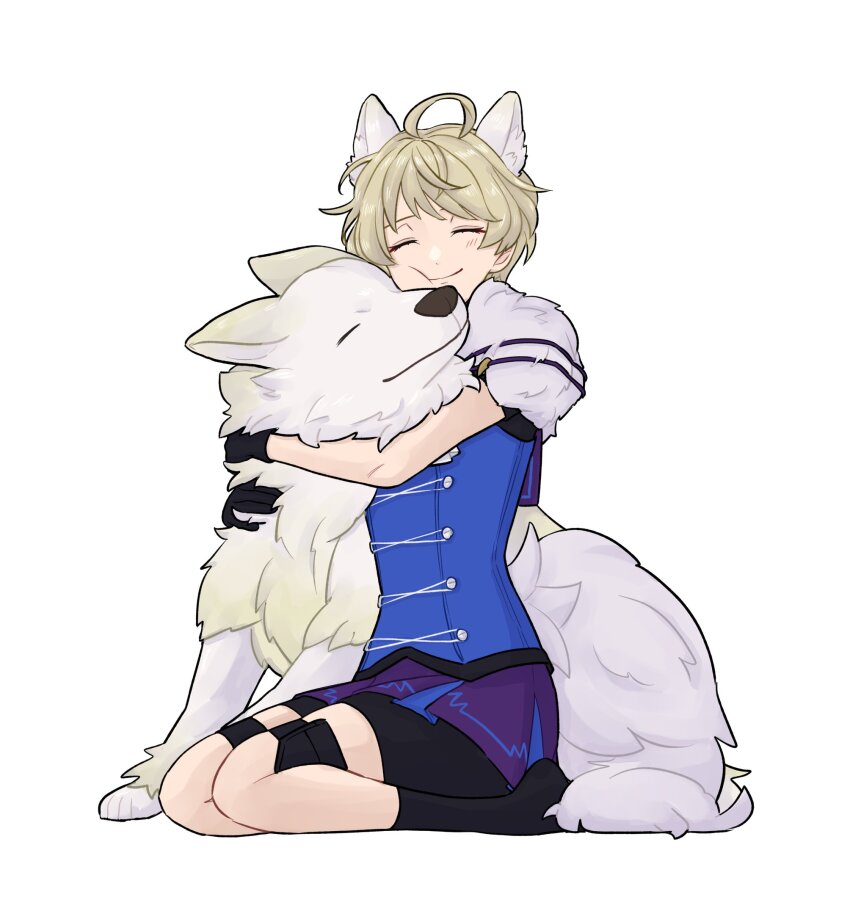 1girl ^_^ ahoge animal animal_ears animal_hug black_shorts blonde_hair blue_shirt closed_eyes fire_emblem fire_emblem_engage hahm0106 highres kemonomimi_mode merrin_(fire_emblem) miniskirt nintendo purple_skirt seiza shirt shorts shorts_under_skirt sitting skirt tail wolf wolf_ears wolf_tail