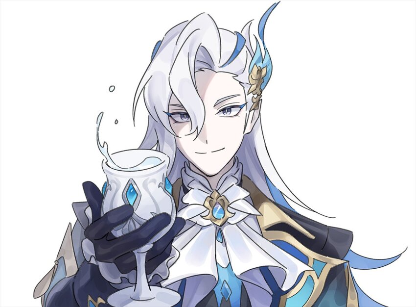 1boy angduuuu_(ghost) ascot bell black_gloves black_jacket blue_brooch blue_gemstone blue_hair bright_pupils brooch chalice collar cup frilled_collar frills gem genshin_impact gloves grey_eyes hair_bell hair_ornament hand_up jacket jewelry light_smile long_hair looking_at_viewer male_focus multicolored_hair neuvillette_(genshin_impact) portrait simple_background slit_pupils solo split_mouth streaked_hair toasting_(gesture) white_ascot white_background white_hair white_pupils
