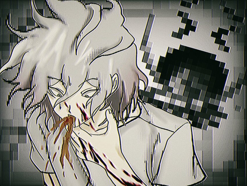 1boy blood blood_on_face blood_on_hands danganronpa_(series) danganronpa_2:_goodbye_despair emoji grey_background grey_eyes grey_hair hand_up highres komaeda_nagito male_focus pixelated short_hair solo upper_body uri_ka55 vomit vomiting