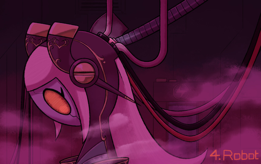 1girl android cable kirby_(series) lightning_bolt_symbol metal_skin nintendo president_parallel_susie purple_theme rayman_limbs recharging red_eyes robot_girl sol-lar-bink solo super_kirby_clash