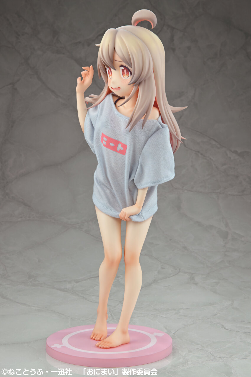 absurdres bare_legs barefoot blue_shirt clothes_writing collarbone feet figure figure_(medium) full_body hair_between_eyes highres knees long_hair official_art onii-chan_wa_oshimai! open_mouth oversized_clothes oversized_shirt oyama_mahiro red_eyes shirt shirt_tug solo standing t-shirt translation_request wavy_mouth