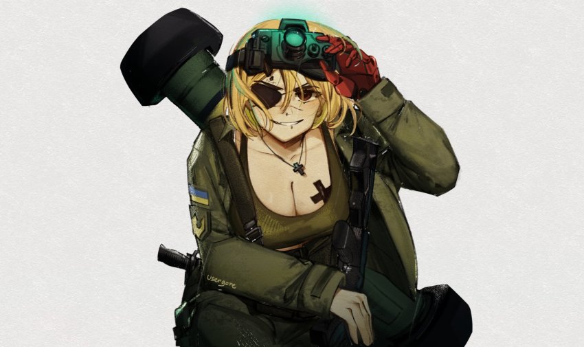 1girl artist_name assault_rifle big_boss blonde_hair breasts brown_eyes cleavage cross cross_necklace eyepatch fgm-148_javelin green_tank_top gun hair_between_eyes handgun jacket jewelry large_breasts looking_at_viewer man-portable_anti-tank_systems marichka mechanical_arms metal_gear_(series) metal_gear_solid_v:_ground_zeroes metal_gear_solid_v:_the_phantom_pain military military_jacket military_uniform necklace night_vision_device parody patch rifle scar scar_on_face shoulder_patch single_mechanical_arm smirk solo tank_top ukrainian_flag usergore weapon