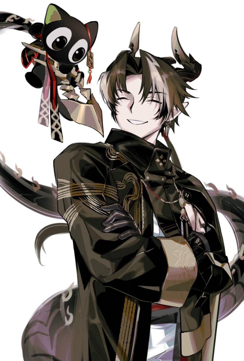 2boys arknights black_cat black_gloves black_hair black_jacket cat chongyue_(arknights) closed_eyes crossed_arms dragon_boy dragon_horns dragon_tail earrings gloves grin heixiu highres horns ieiieiiei jacket jewelry long_sleeves looking_at_another luo_xiaohei_zhanji multicolored_hair multiple_boys necklace parted_bangs pointy_ears simple_background smile streaked_hair tail upper_body white_background white_hair