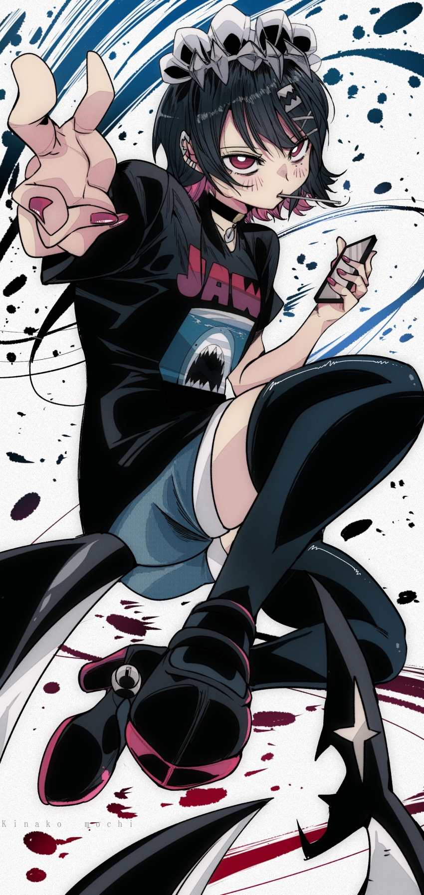 1girl animal_print black_hair black_shirt black_shoes black_thighhighs blue_shorts blush candy cellphone choker clothes_writing denim denim_shorts ear_piercing ellen_joe fins fish_tail food food_in_mouth hair_ornament hairband hairclip high_heels holding holding_phone jaws_(movie) kinakomochi_(user_vedc2333) lollipop lollipop_in_mouth looking_at_viewer maid maid_headdress metal_hairband multicolored_hair nail_polish phone piercing print_shirt reaching reaching_towards_viewer red_eyes red_hair red_nails shark_girl shark_print shark_tail shirt shoes short_hair short_sleeves shorts sitting smartphone tail thighhighs two-tone_hair white_background x_hair_ornament zenless_zone_zero