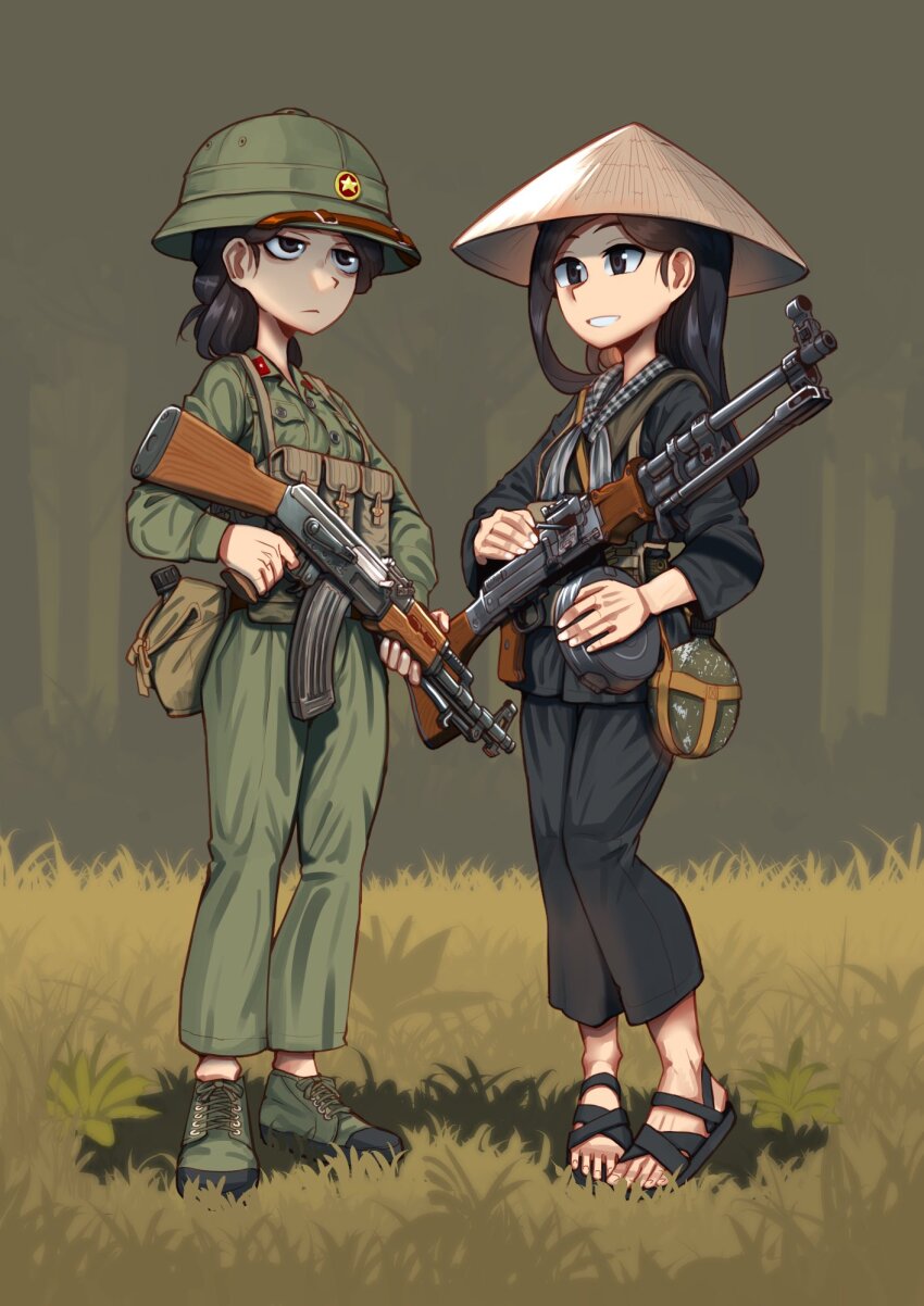 2girls ammunition_pouch assault_rifle bayonet black_eyes black_hair black_jacket black_pants black_sandals black_shoes breast_pocket breasts brown_hat buttons canteen chest_rig chin_strap cleaning_rod closed_mouth collar_tabs collared_shirt commentary commission english_commentary erica_(naze1940) full_body grass green_pants green_shirt green_shoes gun hat helmet highres hip_flask holding holding_gun holding_weapon jacket kalashnikov_rifle light_machine_gun long_hair looking_to_the_side looking_up machine_gun military military_uniform multicolored_shoes multiple_girls no_socks on_grass open_collar original outdoors pants people&#039;s_army_of_vietnam pith_helmet pocket pouch rice_hat rifle rpd sandals sanpaku second-party_source shirt shoelaces shoes simple_background small_breasts soldier solo standing two-tone_shoes type_56_assault_rifle viet_cong vietnam_war weapon
