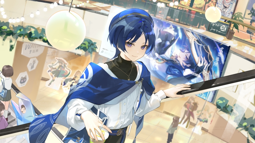1boy 1other 3girls bananakeki beidou_(genshin_impact) beret bishounen black_pants black_shirt blue_hair blue_hat blue_sash cape cardigan chinese_commentary closed_mouth cup disposable_cup escalator faruzan_(genshin_impact) genshin_impact hand_rest hat highres holding holding_cup indoors jewelry layla_(genshin_impact) light_smile long_sleeves looking_at_viewer male_focus mall merchandise multiple_girls necklace official_alternate_costume painttool_sai_(medium) pants plant poster_(object) potted_plant purple_cape sash scaramouche_(genshin_impact) shirt short_hair solo_focus turtleneck turtleneck_shirt wanderer_(genshin_impact) wanderer_(wanderer_impression)_(genshin_impact) white_cardigan