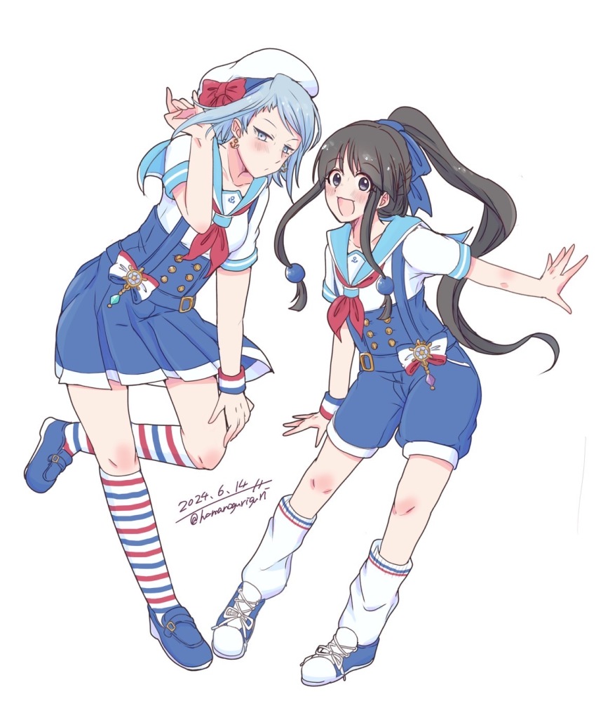 2girls ace_attorney dress franziska_von_karma hamanoguriguri hat highres long_hair looking_at_viewer maya_fey multiple_girls phoenix_wright:_ace_attorney_-_trials_and_tribulations ponytail ribbon sailor_collar smile socks