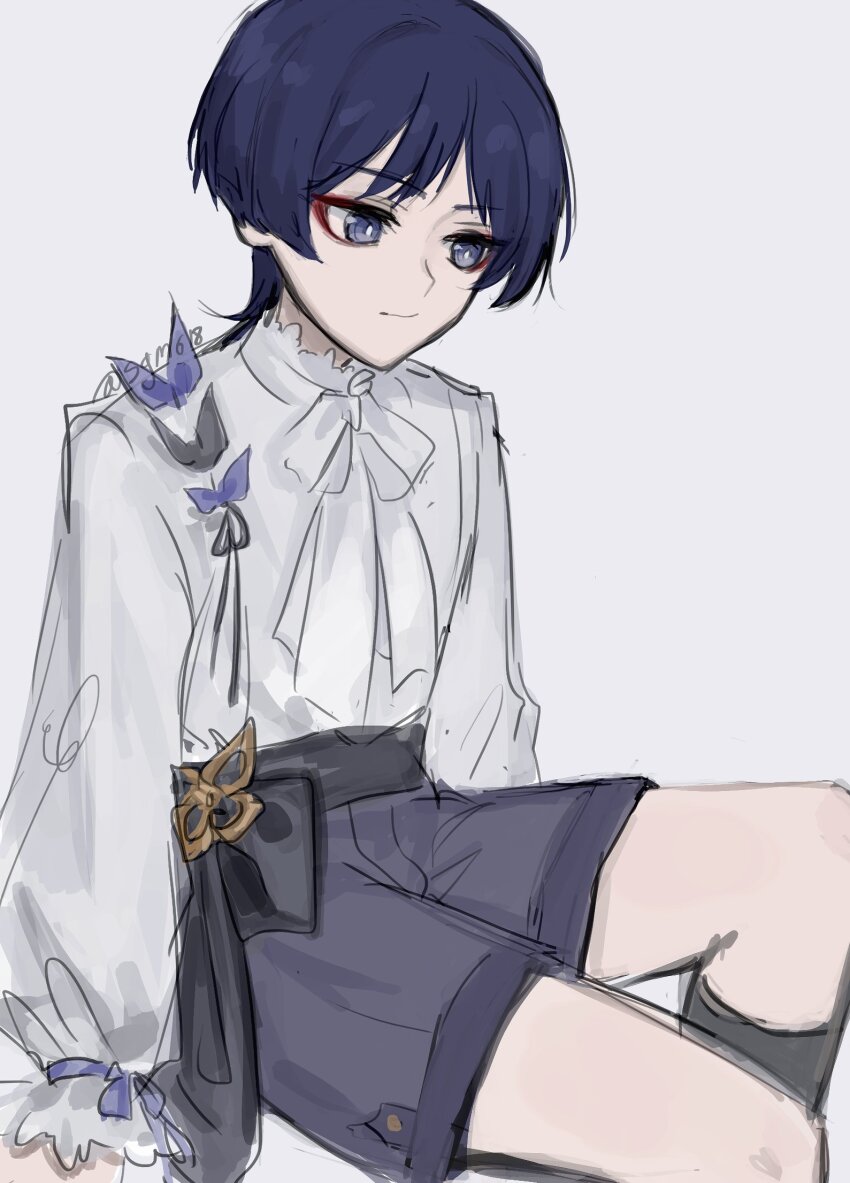 1boy alternate_costume arms_at_sides black_hair black_sash blunt_ends bow bright_pupils closed_mouth expressionless eyelashes eyeliner eyeshadow genshin_impact grey_background grey_eyes highres looking_to_the_side makeup male_focus purple_ribbon purple_shorts red_eyeliner red_eyeshadow ribbon sash scaramouche_(genshin_impact) sgm618 shirt shorts sitting sketch sleeve_ribbon solo twitter_username white_bow white_pupils white_shirt white_sleeves wispy_bangs