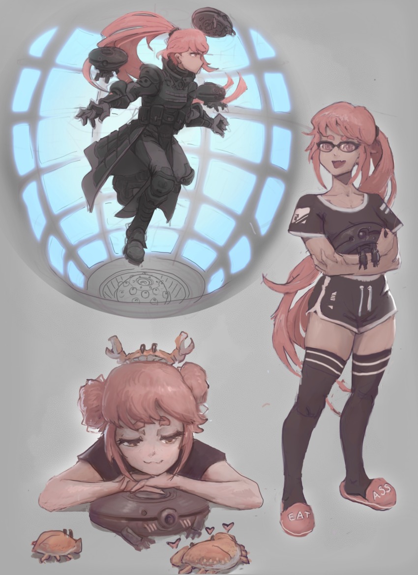 1girl :3 absurdres armor black_pants black_shirt black_shorts commentary crab crab_on_head dolphin_shorts double_bun english_commentary fang glasses hair_bun highres long_hair original pants pink_eyes pink_hair ponytail shirt shorts skin_fang t-shirt thick_eyebrows zhjake