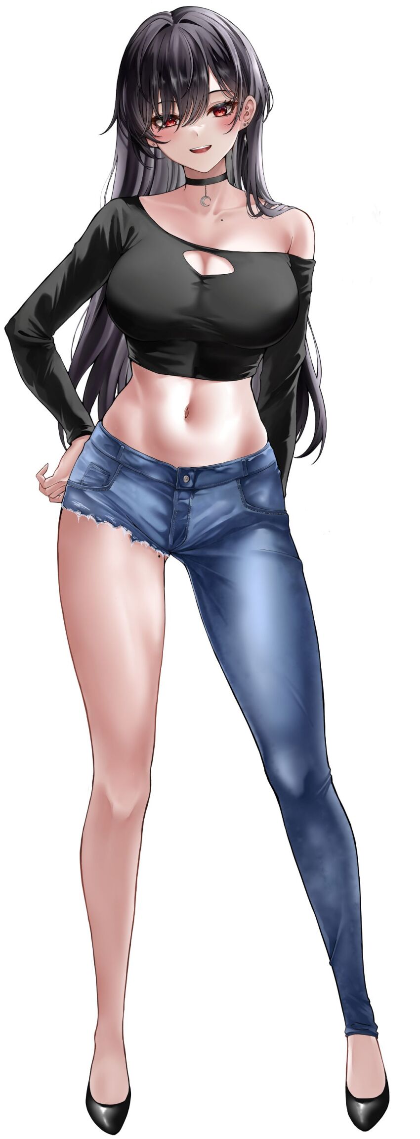 1girl absurdres asymmetrical_clothes bare_legs bare_shoulders black_choker black_hair black_shirt black_shoes blue_pants breasts choker cleavage cleavage_cutout clothing_cutout collarbone commentary_request crop_top full_body hand_on_own_hip highres large_breasts lds_(dstwins97) long_hair long_sleeves looking_at_viewer midriff mole mole_on_chest navel off_shoulder open_mouth original pants red_eyes shirt shoes simple_background single_pantsleg smile solo standing stomach thighs torn_clothes torn_pants white_background