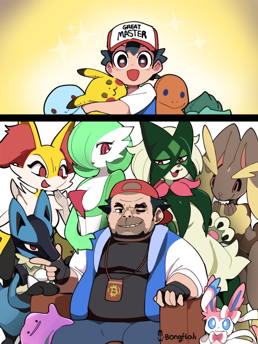 1boy absurdres aged_up ash_ketchum balding baseball_cap black_hair bongfill braixen brown_eyes bulbasaur charmander cryptocurrency dave_the_diver ditto fingerless_gloves gardevoir gen_1_pokemon gen_3_pokemon gen_4_pokemon gen_6_pokemon gloves hat highres jacket lopunny lucario meowscarada nintendo one_eye_closed open_mouth pikachu pokemon pokemon_(anime) pokemon_(creature) pokemon_xy red_hat satoshi_(dave_the_diver) shirt short_hair short_sleeves sitting sleeveless sleeveless_jacket smile sparkle squirtle stuffed_toy sylveon
