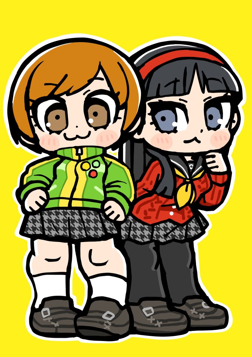 2girls :3 amagi_yukiko aran_sweater badge bkub black_hair black_pantyhose black_sailor_collar black_shoes blunt_bangs blush_stickers brown_eyes brown_hair button_badge cable_knit closed_mouth deformed dot_nose full_body green_jacket grey_eyes grey_skirt hairband hands_on_own_hips highres houndstooth jacket long_hair long_sleeves multiple_girls neckerchief outline pantyhose persona persona_4 pleated_skirt red_hairband red_sweater sailor_collar satonaka_chie school_uniform serafuku shoes short_hair simple_background skirt socks standing sweater track_jacket white_outline white_socks yasogami_school_uniform yellow_background yellow_neckerchief