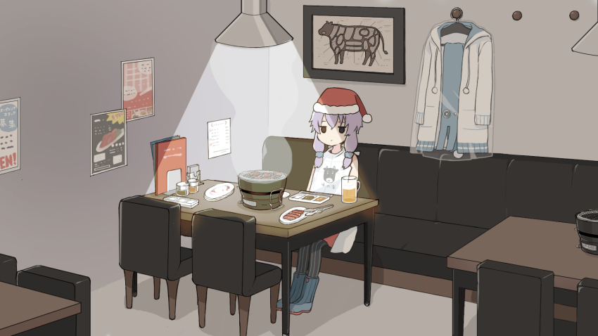 1girl alcohol beer beer_mug bib binchou_maguro black_eyes black_leggings blue_boots blue_jacket blue_scarf boots ceiling_light chair chopsticks christmas closed_mouth clothes_hanger commentary_request cup diagram expressionless food full_body hair_ornament hair_scrunchie hat highres indoors jacket jitome leggings light_purple_hair lonely meat meat_chart menu mug multicolored_jacket okhotsk_yukari picture_frame plate poster_(object) restaurant santa_hat scarf scrunchie short_hair_with_long_locks sitting sleeveless solid_eyes solo steam tongs two-tone_jacket unworn_jacket unworn_scarf vocaloid voiceroid white_jacket yakiniku yuzuki_yukari