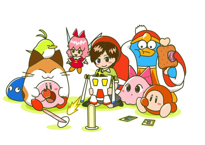 3girls 6+boys ado apple beak beanie beret bird blue_eyes blush_stickers boned_meat brown_hair card cat chuchu_(kirby) coat dress eating energy fairy food fruit gooey_(kirby) hair_ribbon hat hr-h king_dedede kirby&#039;s_dream_land_3 kirby_(series) kirby_64 meat multiple_boys multiple_girls nago_(kirby) nintendo pitch_(kirby) ribbon ribbon_(kirby) sitting skirt smile toy waddle_dee
