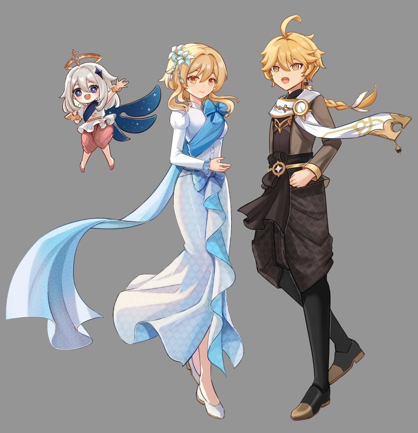 1boy 2girls absurdres aether_(genshin_impact) ahoge alternate_costume black_pants black_shoes blonde_hair blue_cape blue_sash blush braid braided_ponytail brother_and_sister brown_shirt cape closed_mouth commentary dress earrings english_commentary floating flower full_body genshin_impact grey_background hair_between_eyes hair_flower hair_ornament halo highres jewelry long_hair long_sleeves lumine_(genshin_impact) multiple_girls open_mouth paimon_(genshin_impact) pants pun-rii purple_eyes sash shirt shoes short_hair_with_long_locks siblings simple_background single_earring smile standing star_(symbol) star_hair_ornament teeth upper_body upper_teeth_only very_long_hair waving white_dress white_hair white_shoes