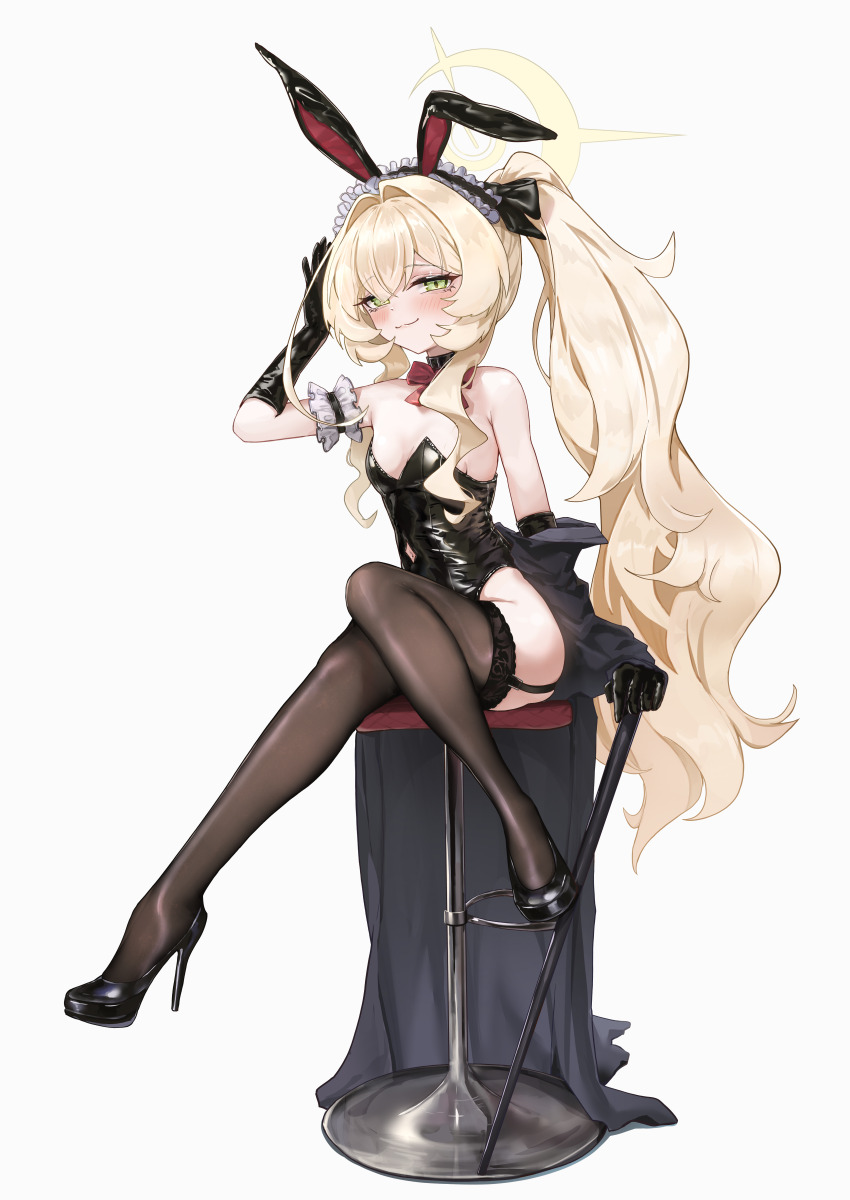 1girl :3 absurdres alternate_costume alternate_hairstyle animal_ear_hairband animal_ears arm_garter armband bar_stool bare_shoulders black_bow black_garter_straps black_gloves black_jacket black_leotard black_shoes black_thighhighs blue_archive blush bow bowtie breasts cane cleavage closed_mouth commentary_request covered_navel detached_collar dot_nose fake_animal_ears frilled_armband frilled_hairband frilled_headwear frills garter_straps gloves green_eyes grey_background hair_between_eyes hair_bow hairband half-closed_eyes halo hand_up high_heels highres holding holding_cane jacket jacket_partially_removed lace lace_thighhighs latex latex_gloves leotard loli long_glove long_hair looking_at_viewer nekoplanetouo off_shoulder on_stool open_clothes open_jacket playboy_bunny ponytail professor_niyaniya_(blue_archive) rabbit_ears red_bow red_bowtie shoes side_ponytail simple_background sitting sketch small_breasts smile smug solo split_mouth stool strapless strapless_leotard thighhighs very_long_hair white_background yellow_halo