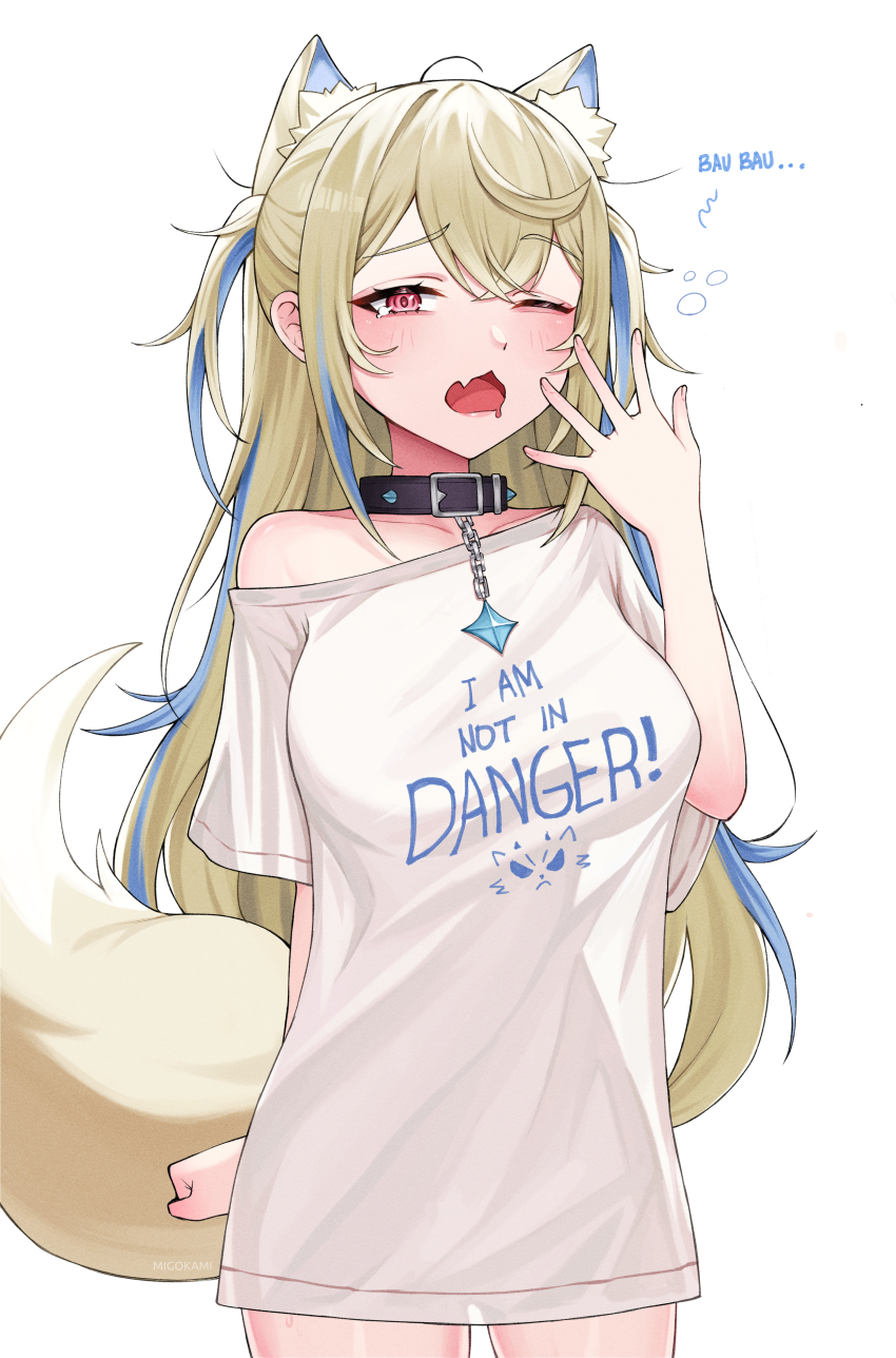 1girl absurdres animal_collar animal_ears black_collar blonde_hair blue_hair breasts clothes_writing collar commentary cowboy_shot crossed_bangs dog_ears dog_girl dog_tail double-parted_bangs drooling english_commentary fang fuwawa_abyssgard hair_between_eyes hand_up highres hololive hololive_english large_breasts long_hair long_shirt looking_at_viewer messy_hair migokami mouth_drool multicolored_hair naked_shirt pink_eyes see-through_silhouette shirt simple_background single_off_shoulder skin_fang solo spiked_collar spikes streaked_hair t-shirt tail two_side_up very_long_hair virtual_youtuber white_background white_shirt yawning