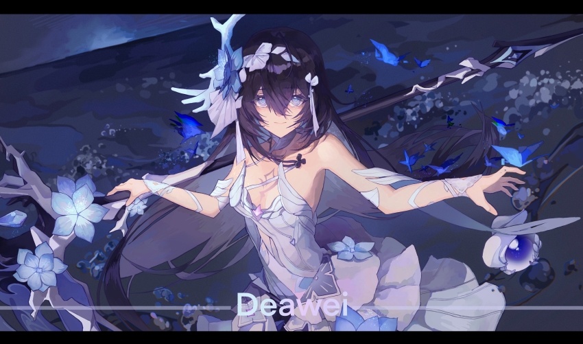 1girl absurdres artist_name bare_shoulders black_hair blue_eyes blue_flower breasts chinese_commentary cleavage closed_mouth commentary deawei dress flower hair_between_eyes hair_flower hair_ornament highres holding holding_scythe honkai_(series) honkai_impact_3rd letterboxed long_hair looking_at_viewer scythe seele_vollerei seele_vollerei_(herrscher_of_rebirth) smile solo strapless strapless_dress very_long_hair white_dress