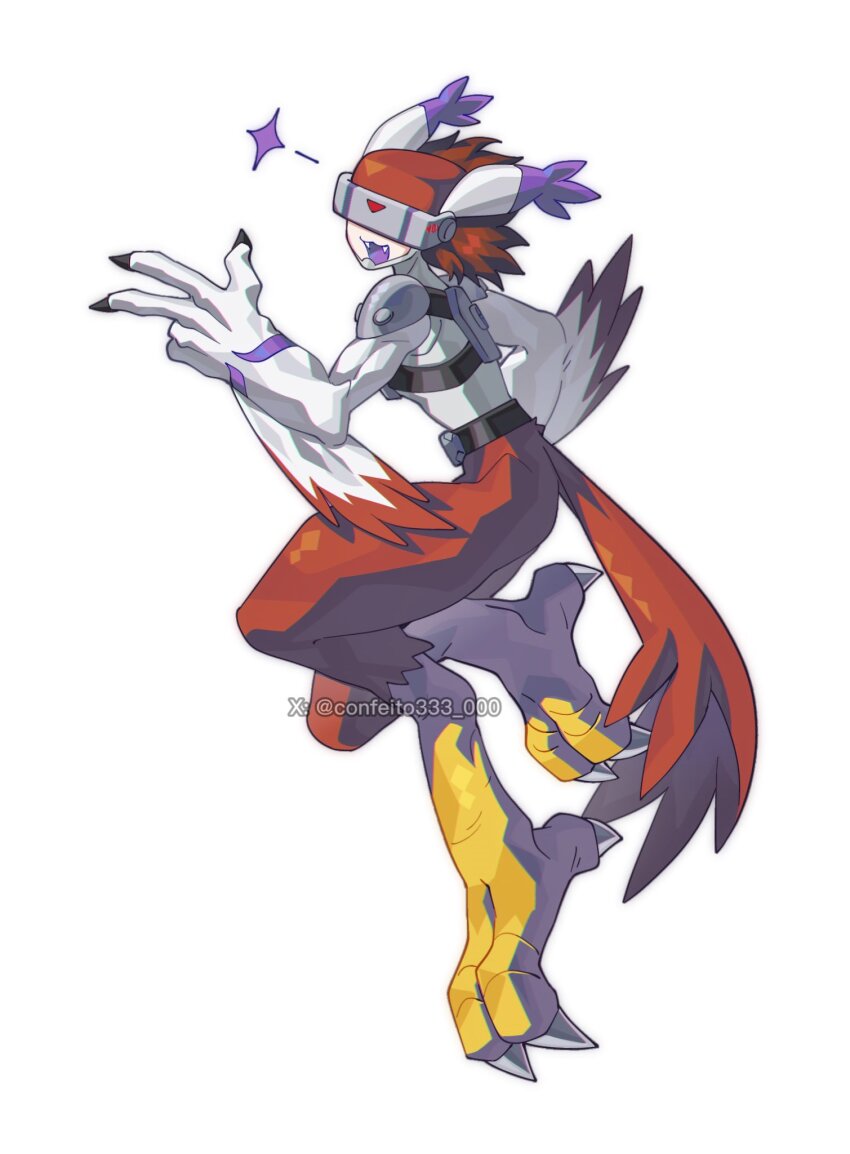 1boy body_fur brown_fur brown_hair confeito000_333 digimon digimon_(creature) fangs full_body head-mounted_display highres male_focus silphymon simple_background solo talons white_background white_fur