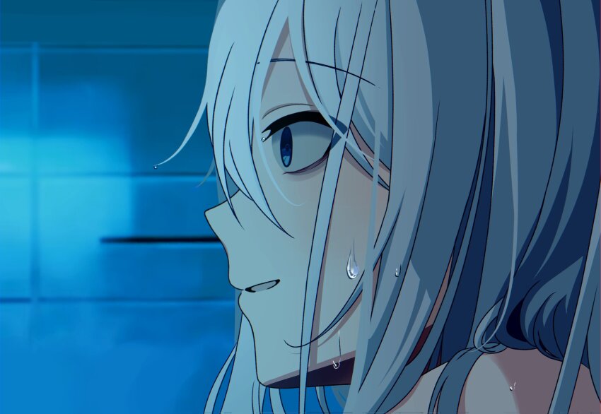 1girl alien_stage blue_eyes close-up commentary english_commentary from_side highres long_hair miyotastic project_sekai smile solo tile_wall tiles white_hair yoisaki_kanade