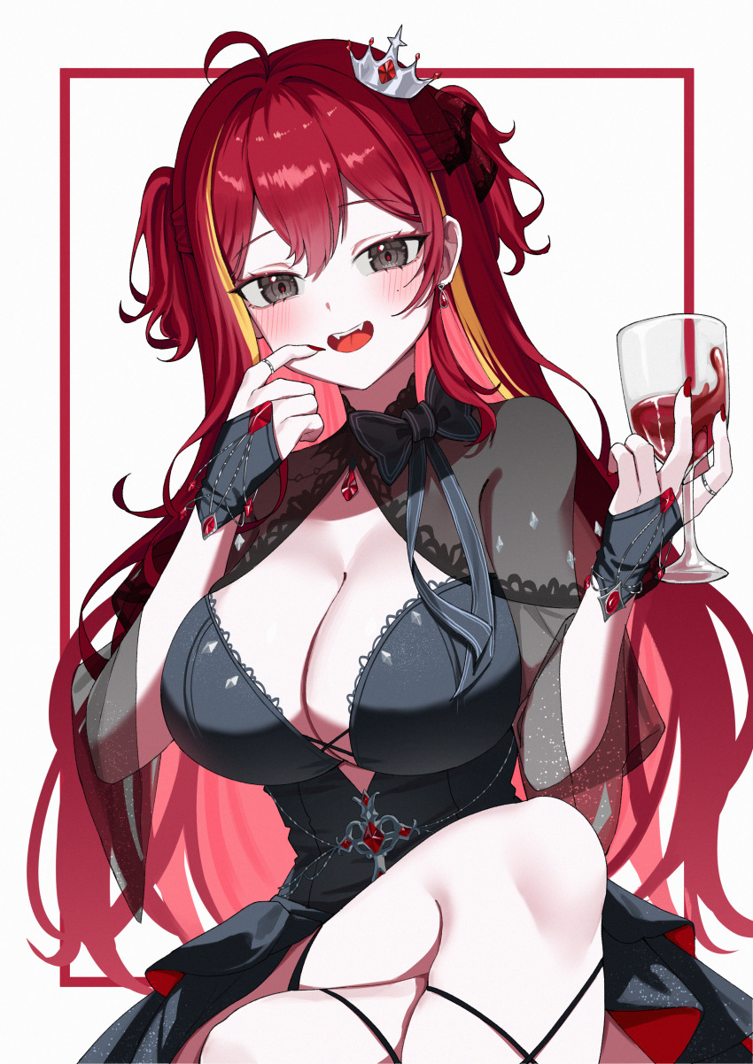 1girl absurdres ahoge akane_lize alcohol black_bow black_dress black_eyes blush bow breasts cleavage commentary crossed_legs crown cup dress drinking_glass earrings fangs finger_to_mouth fingernails gem hair_between_eyes hands_up head_tilt highres holding holding_cup inset_border jewelry jinggun large_breasts long_fingernails long_hair looking_at_viewer mini_crown mole mole_on_cheek multicolored_hair nail_polish open_mouth red_gemstone red_hair red_nails red_pupils red_wine ring see-through_clothes see-through_dress sidelocks silver_crown simple_background single_earring sitting smile solo stellive streaked_hair symbol-only_commentary teardrop_earrings teeth thighs tongue two-sided_dress two-sided_fabric two_side_up upper_teeth_only very_long_hair virtual_youtuber white_background wine wine_glass