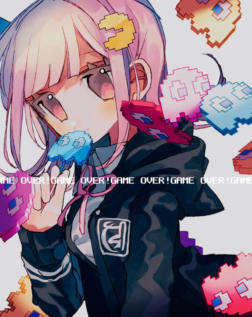 1girl blinky_(pac-man) blunt_bangs clyde_(pac-man) commentary_request danganronpa_(series) danganronpa_2:_goodbye_despair flipped_hair game_over grey_background hair_ornament hairclip hand_up highres holding hood hood_down hooded_jacket inky_(pac-man) jacket long_sleeves looking_at_viewer manaita_no_sake medium_hair nanami_chiaki pac-man pac-man_(game) pink_eyes pink_ribbon pinky_(pacman) ribbon shirt solo upper_body white_shirt
