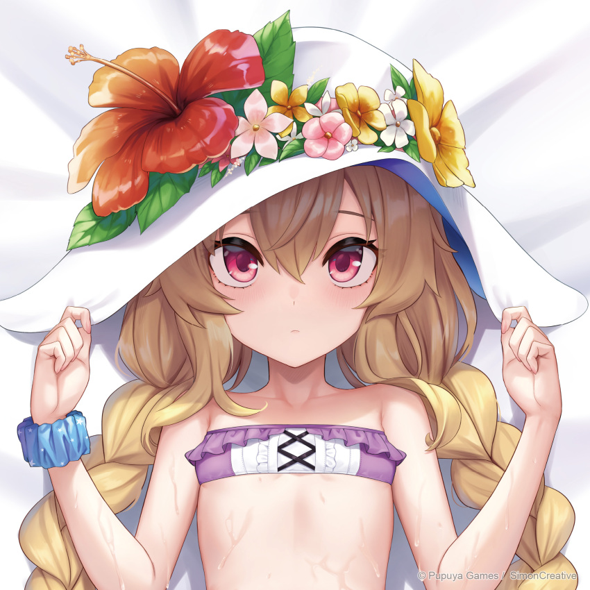 1girl bare_shoulders bikini blonde_hair braid closed_mouth commentary english_commentary flat_chest flower hair_between_eyes hair_flower hair_ornament hat hat_flower highres little_witch_nobeta long_hair looking_at_viewer lying nobeta nobeta_(swimsuit_skin) official_alternate_costume official_art on_back petite purple_bikini red_eyes solo straight-on strapless strapless_bikini sun_hat swimsuit twin_braids upper_body very_long_hair white_flower white_hat