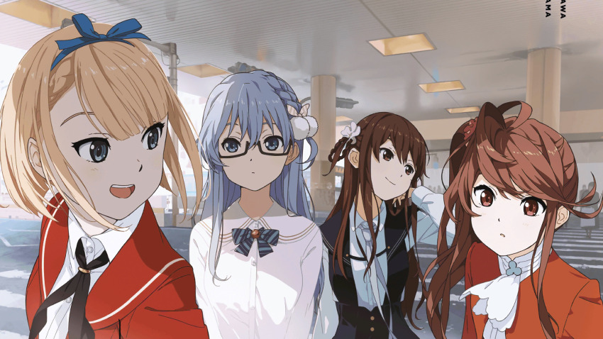 22/7 22/7_ongaku_no_jikan 4girls black-framed_eyewear blonde_hair blue_eyes blue_hair blue_hairband blue_ribbon braid braided_hair_rings brown_eyes brown_hair brown_scrunchie game_cg glasses green_eyes hair_between_eyes hair_ornament hair_ribbon hair_rings hair_scrunchie hairband high_side_ponytail highres light_blue_hair long_hair long_sleeves maruyama_akane multiple_girls non-web_source official_art rectangular_eyewear ribbon saito_nicole school_uniform scrunchie semi-rimless_eyewear shirt short_hair sidelocks single_braid tachikawa_ayaka toda_jun twin_braids uki_atsuya under-rim_eyewear white_shirt
