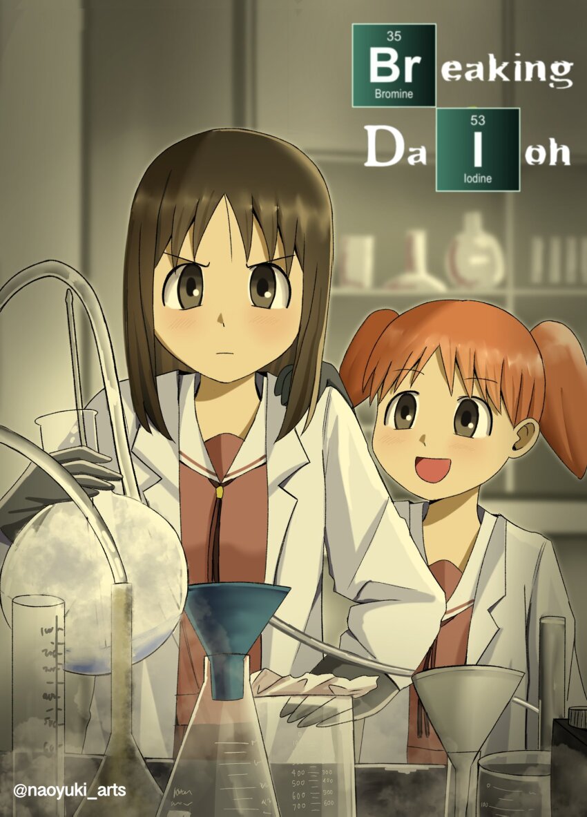 2girls :d :| artist_name azumanga_daioh&#039;s_school_uniform azumanga_daiou beaker black_gloves blush breaking_bad brown_eyes brown_hair cabinet closed_mouth coat commentary concentrating copyright_name desk english_commentary erlenmeyer_flask flask funnel_(tool) gloves height_difference highres holding holding_flask hose kasuga_ayumu lab_coat laboratory light_blush measuring_cylinder medium_hair mihama_chiyo multiple_girls naoyuki_arts neck_ribbon open_clothes open_coat open_mouth orange_hair parody periodic_table pink_shirt pink_trim red_ribbon ribbon round-bottom_flask sailor_collar school_uniform serious shelf shirt short_twintails side-by-side smile standing steam twintails twitter_username upper_body v-shaped_eyebrows white_coat white_sailor_collar winter_uniform