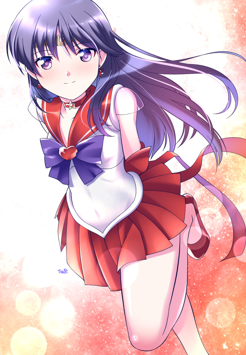 1girl arms_behind_back bishoujo_senshi_sailor_moon black_hair bow choker circlet closed_mouth collarbone earrings highres himehachi_(hime8manga) hino_rei jewelry leg_up long_hair looking_at_viewer magical_girl miniskirt pink_eyes pleated_skirt purple_bow red_choker red_sailor_collar red_shoes red_skirt sailor_collar sailor_mars sailor_senshi_uniform shirt shoes skirt sleeveless sleeveless_shirt smile solo split_mouth standing standing_on_one_leg star_(symbol) star_choker super_sailor_mars white_shirt