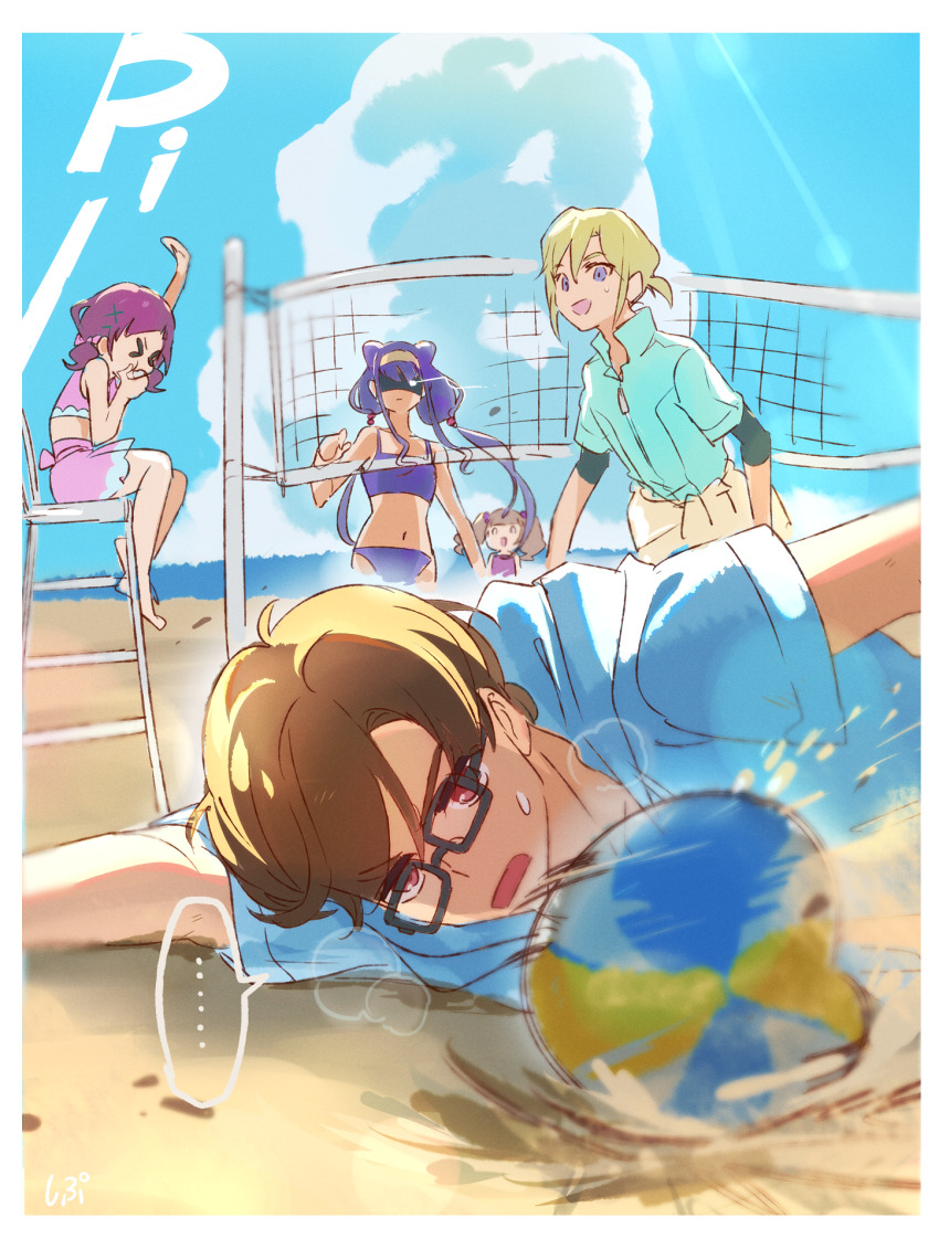 &gt;_&lt; ... 2boys 3girls aisaki_emiru aisaki_masato arm_up ball bare_arms bare_legs bare_shoulders barefoot beach bikini bikini_skirt black-framed_eyewear blonde_hair blowing_whistle blue_eyes blue_sky blunt_bangs border bow bow_skirt brown_hair chair clothes_around_waist cloud collared_shirt cone_hair_bun double_bun frown glasses glowing glowing_eye hair_between_eyes hair_bow hair_bun hair_ornament hair_scrunchie hairclip heavy_breathing highres holding holding_whistle hugtto!_precure jacket jacket_around_waist layered_sleeves looking_at_object low_twintails lying miniskirt multiple_boys multiple_girls navel nervous_smile nono_hana o_o ocean on_chair on_side one-piece_swimsuit open_mouth pink_bikini pink_bow pink_hair pink_one-piece_swimsuit playing_sports ponytail precure purple_bikini purple_hair red_eyes red_scrunchie ruru_amour scrunchie shaded_face shipu_(gassyumaron) shirt short_hair short_ponytail short_sleeves signature sitting skirt sky smile spoken_ellipsis stomach summer sweatdrop swept_bangs swimsuit twintails upper_body volleyball volleyball_(object) volleyball_net wakamiya_henri whistle white_border white_jacket white_shirt x_hair_ornament zipper zipper_pull_tab