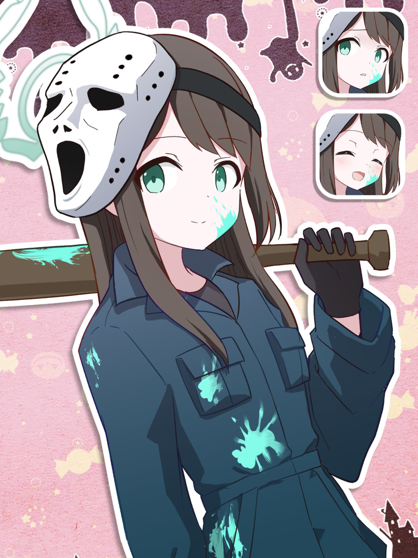 1girl airi_(blue_archive) airi_(halloween)_(blue_archive) baseball_bat black_gloves blue_archive brown_hair closed_mouth gloves green_eyes green_halo halo highres holding holding_baseball_bat kyousuke_(orcein) long_hair long_sleeves mask mask_on_head multiple_expressions paint_stains